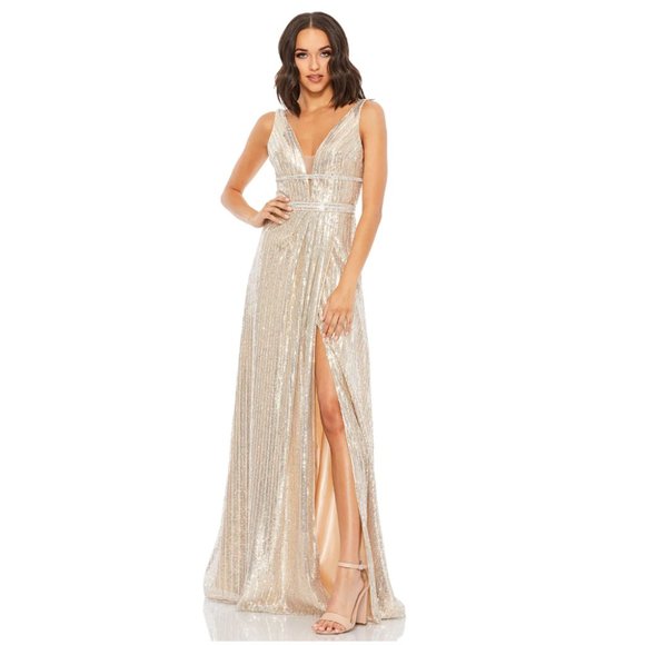 MAC DUGGAL Metallic Sequin Gown in Nude Silver Size US 2 - Picture 9 of 9